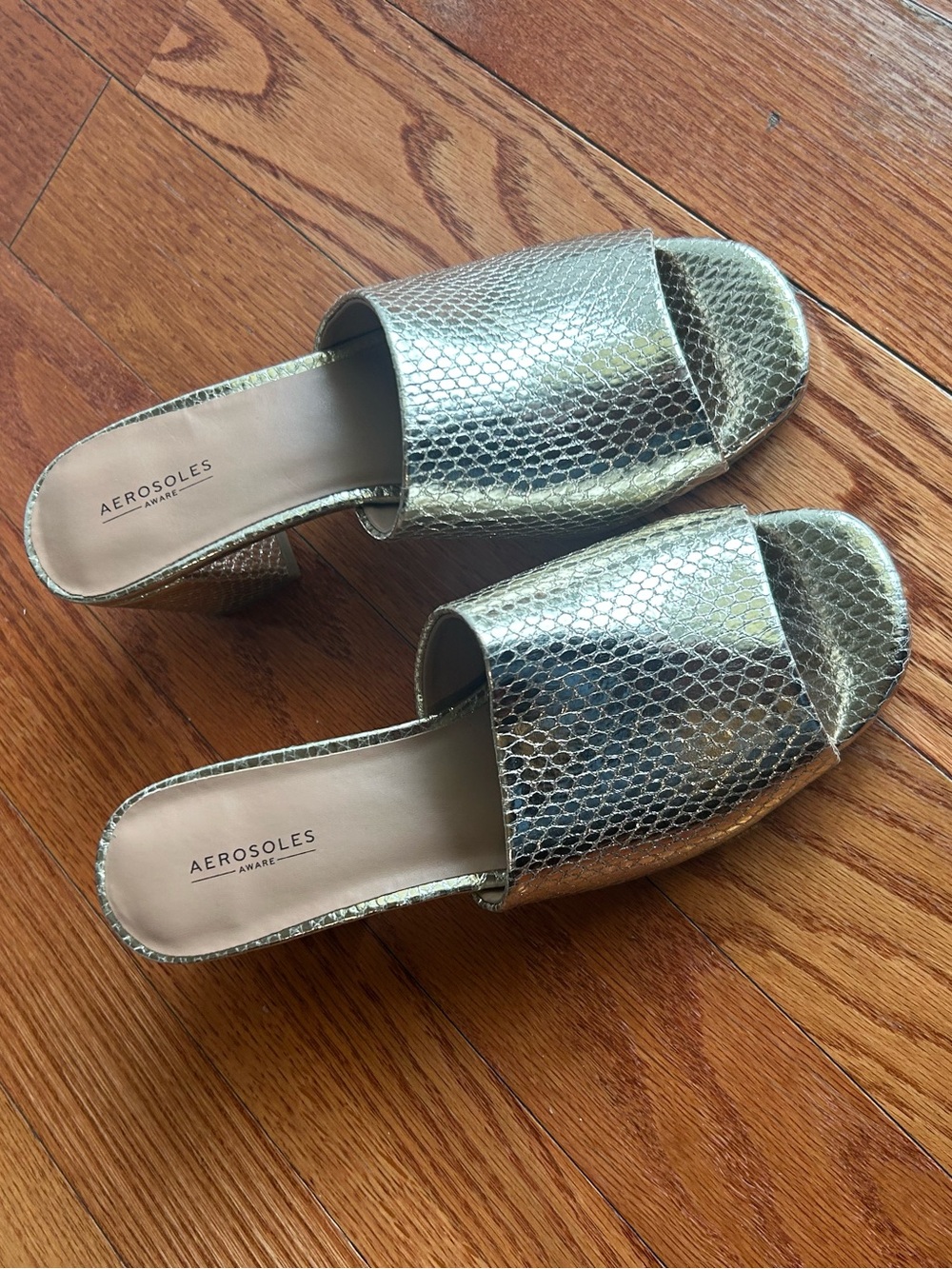 AEROSOLES Metallic Gold Snake-Embossed Slide Mules